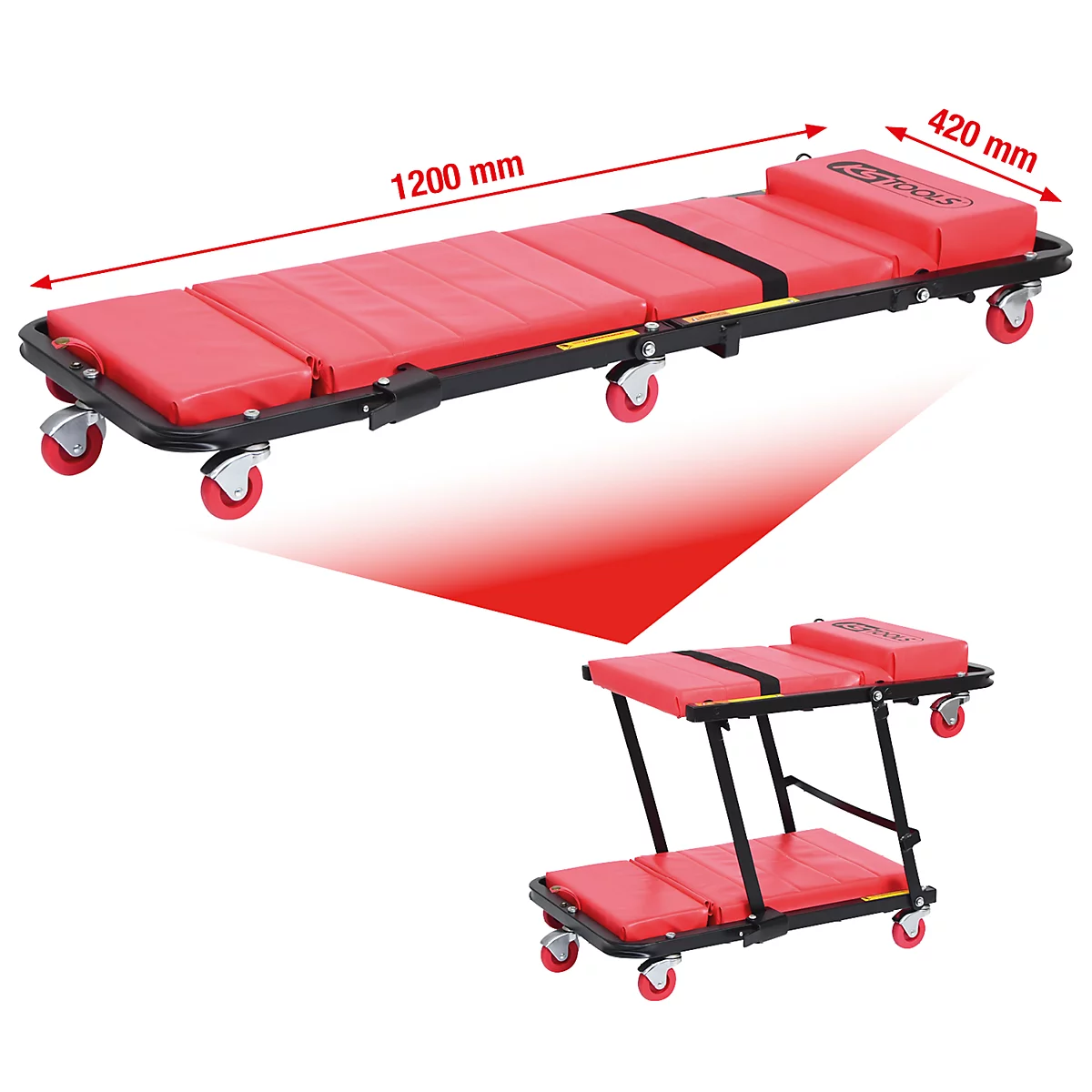 Cric de garage rouge à roulettes, partiellement plié. Les dimensions sont indiquées.